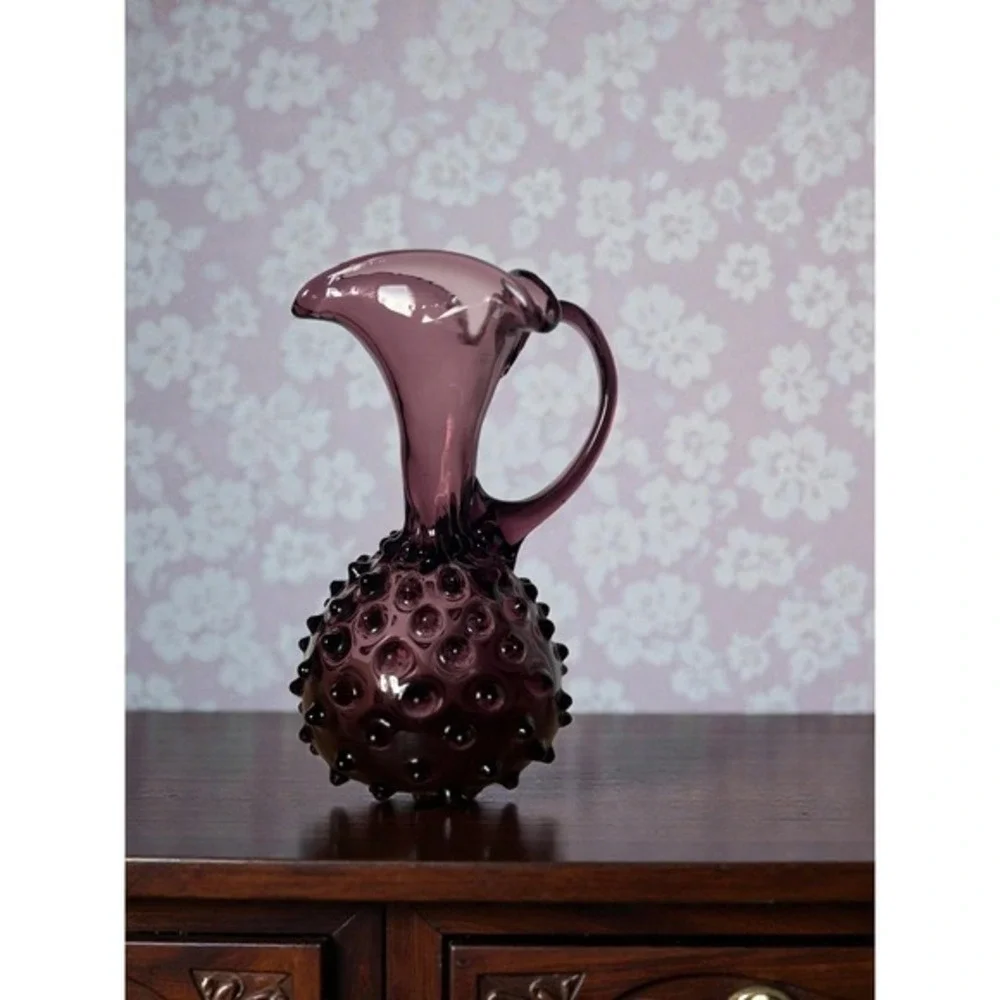 Vintage Amethyst Purple Hobnail Art Glass Pitcher Hand Blown Decorative‎ Cruet